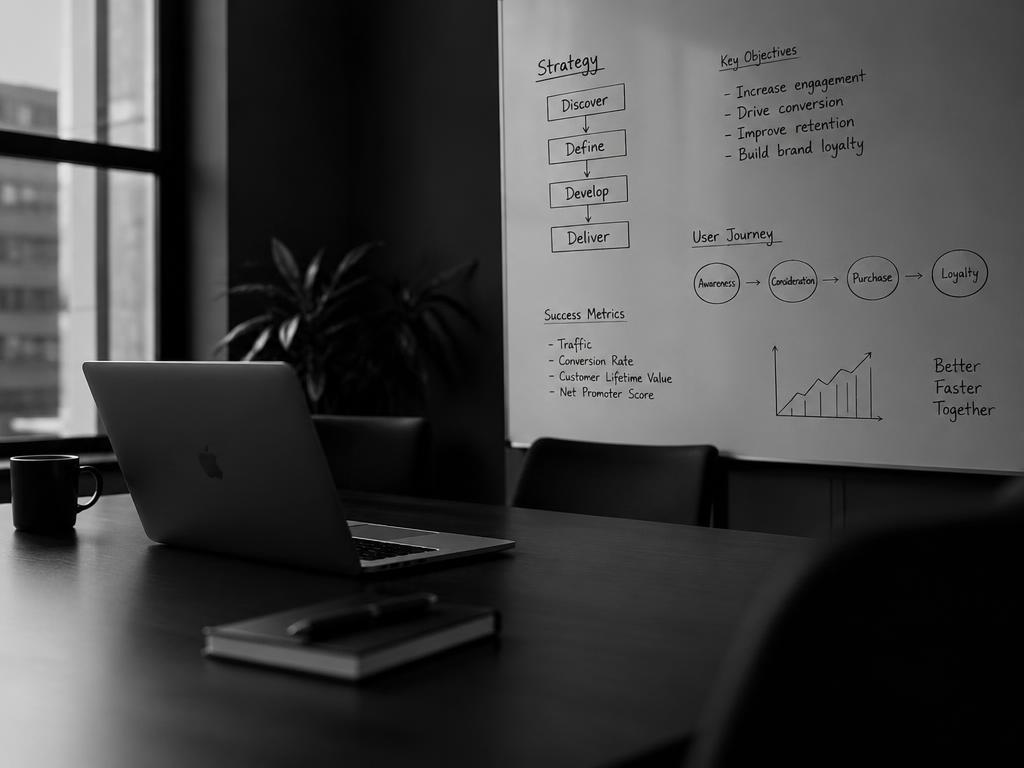 Laptop und Whiteboard bei der Projektplanung